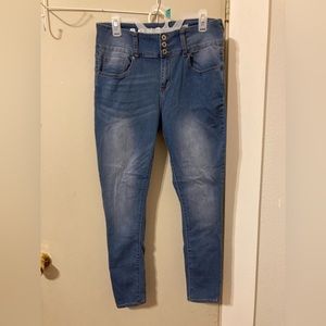 medium wash denim. PERFECT condition only worn twice. size 15 in juniors!